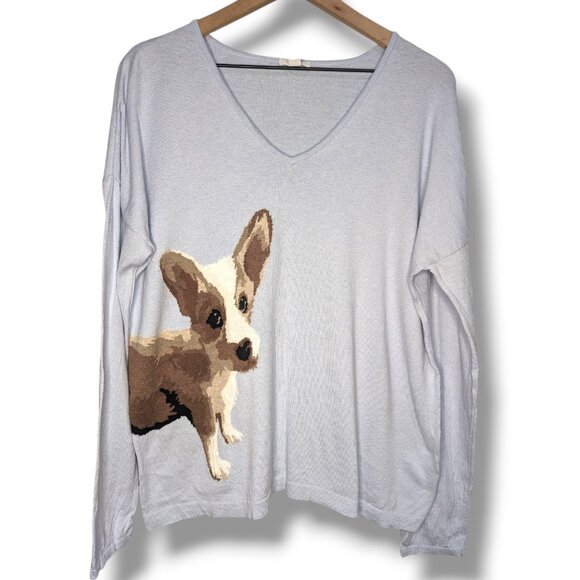 J Jill Women Sweater Light Blue Med Corgi Dog V Neck Long Sleeve Medium Puppy - Picture 1 of 7
